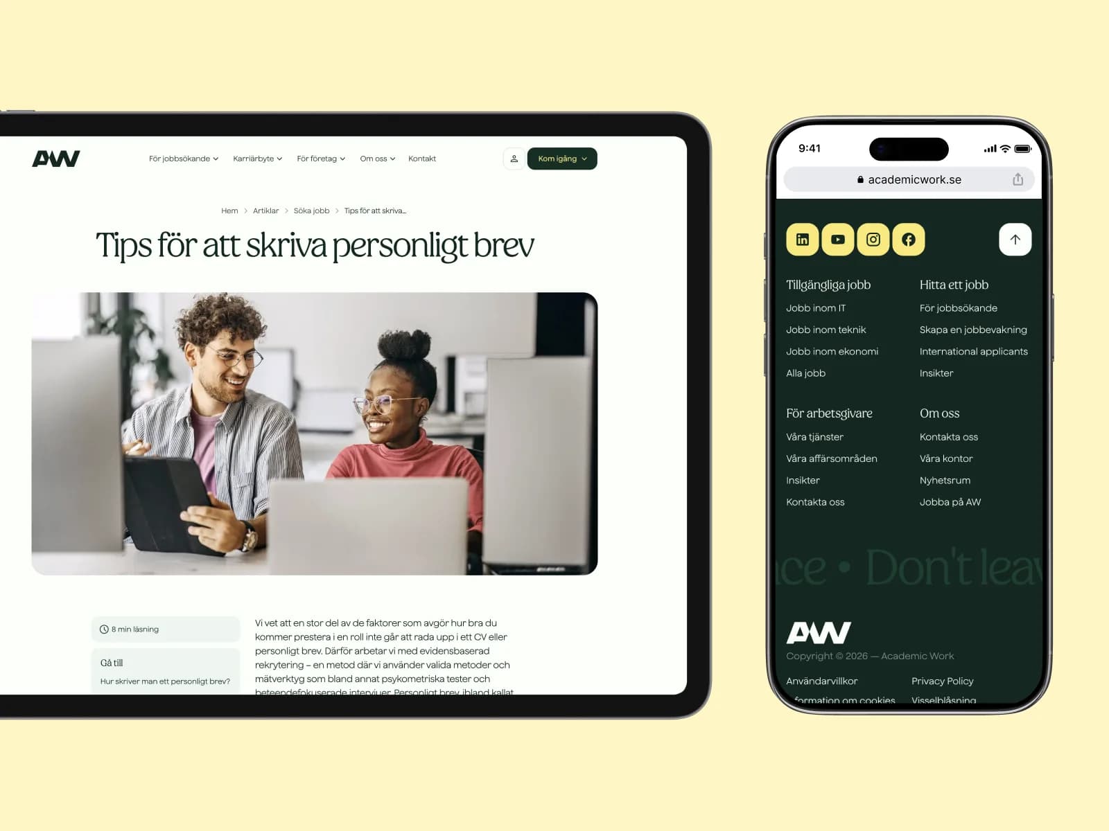 En artikel på Academic Works webb i en surfplatta och sidfoten i mobilen
