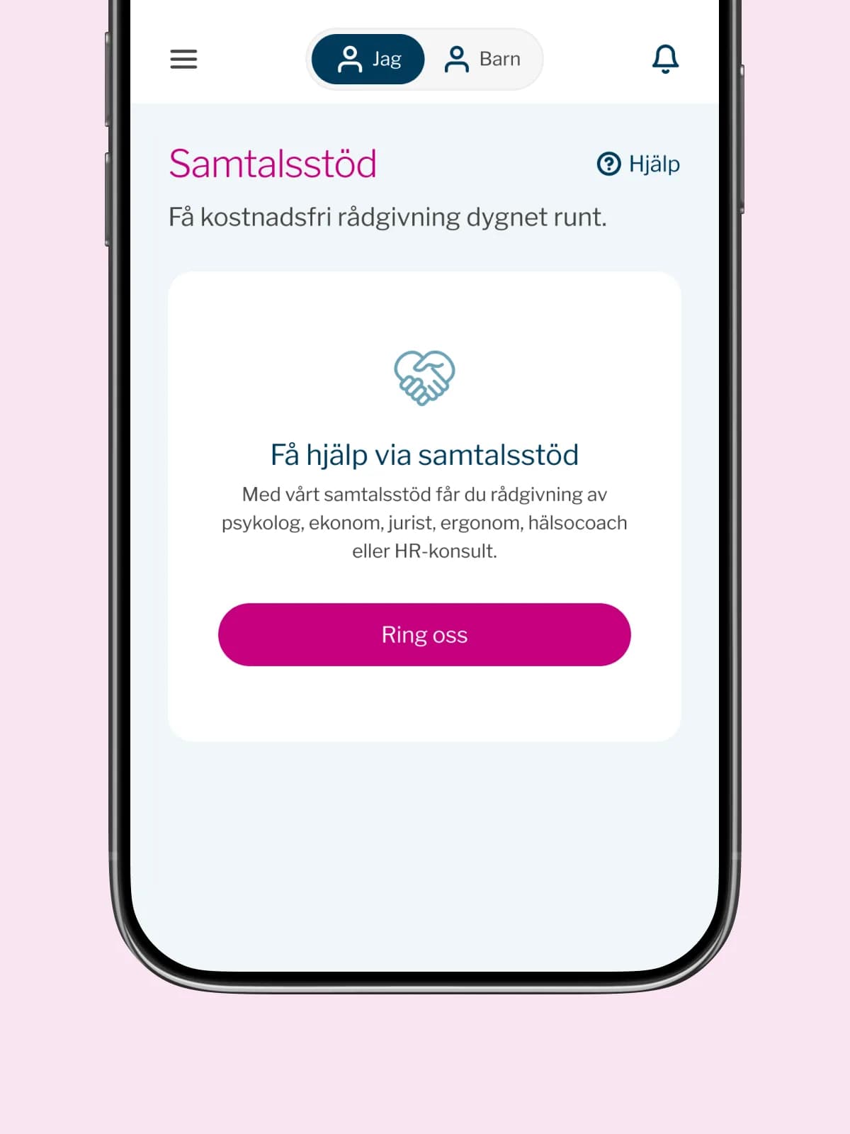 Samtalsstöd i Euro Accidents app, med rådgivning dygnet runt