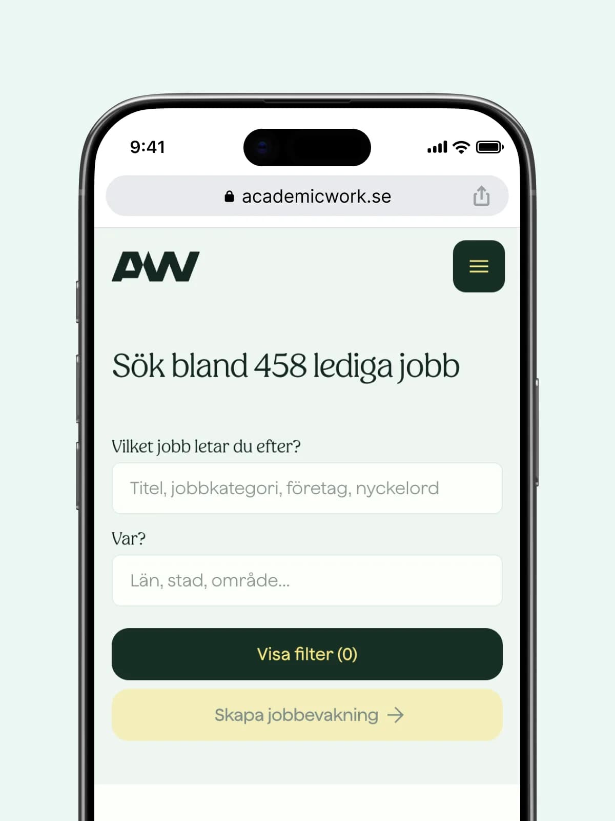 Sökning bland lediga jobb på Academic Works webb i mobilen