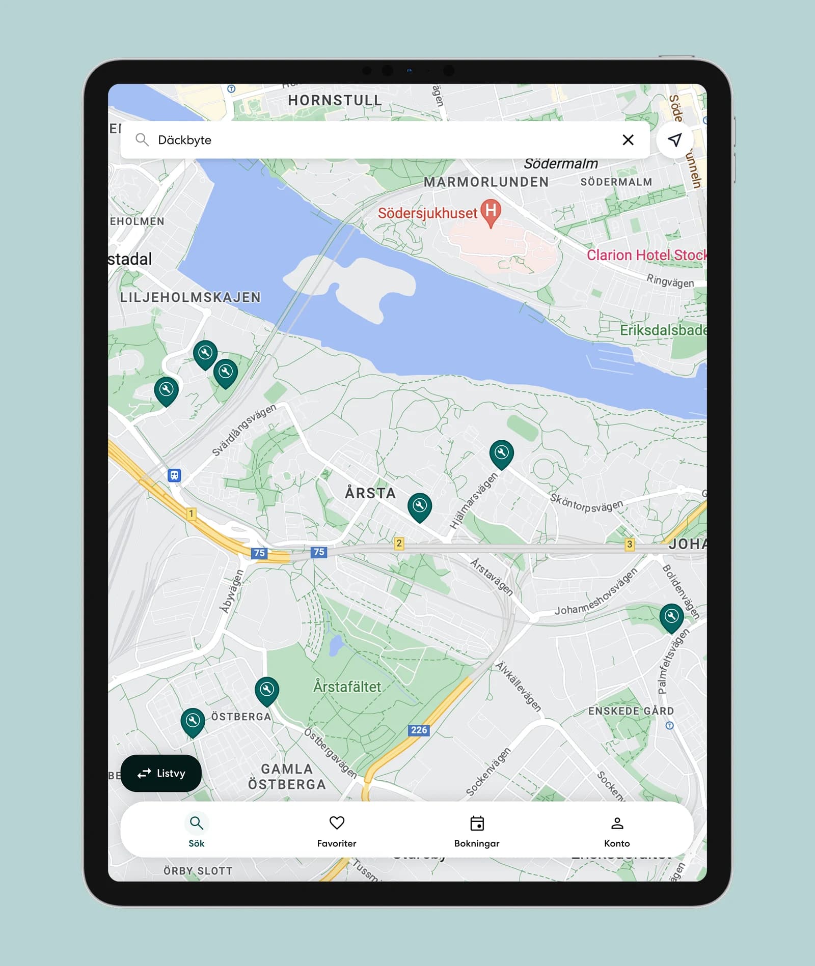 Verkstäder på kartan i Radeitos app, i en surfplatta