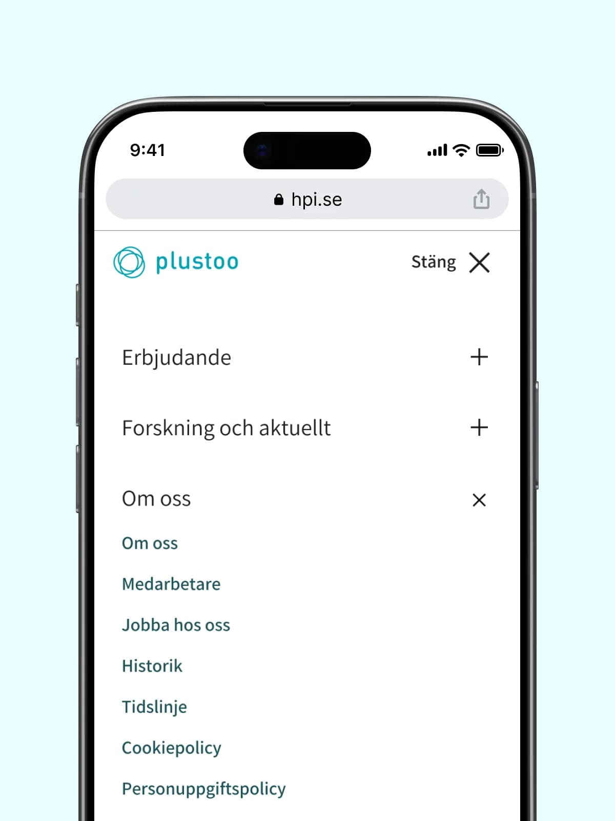 Menyn på HPI:s webb i mobilen