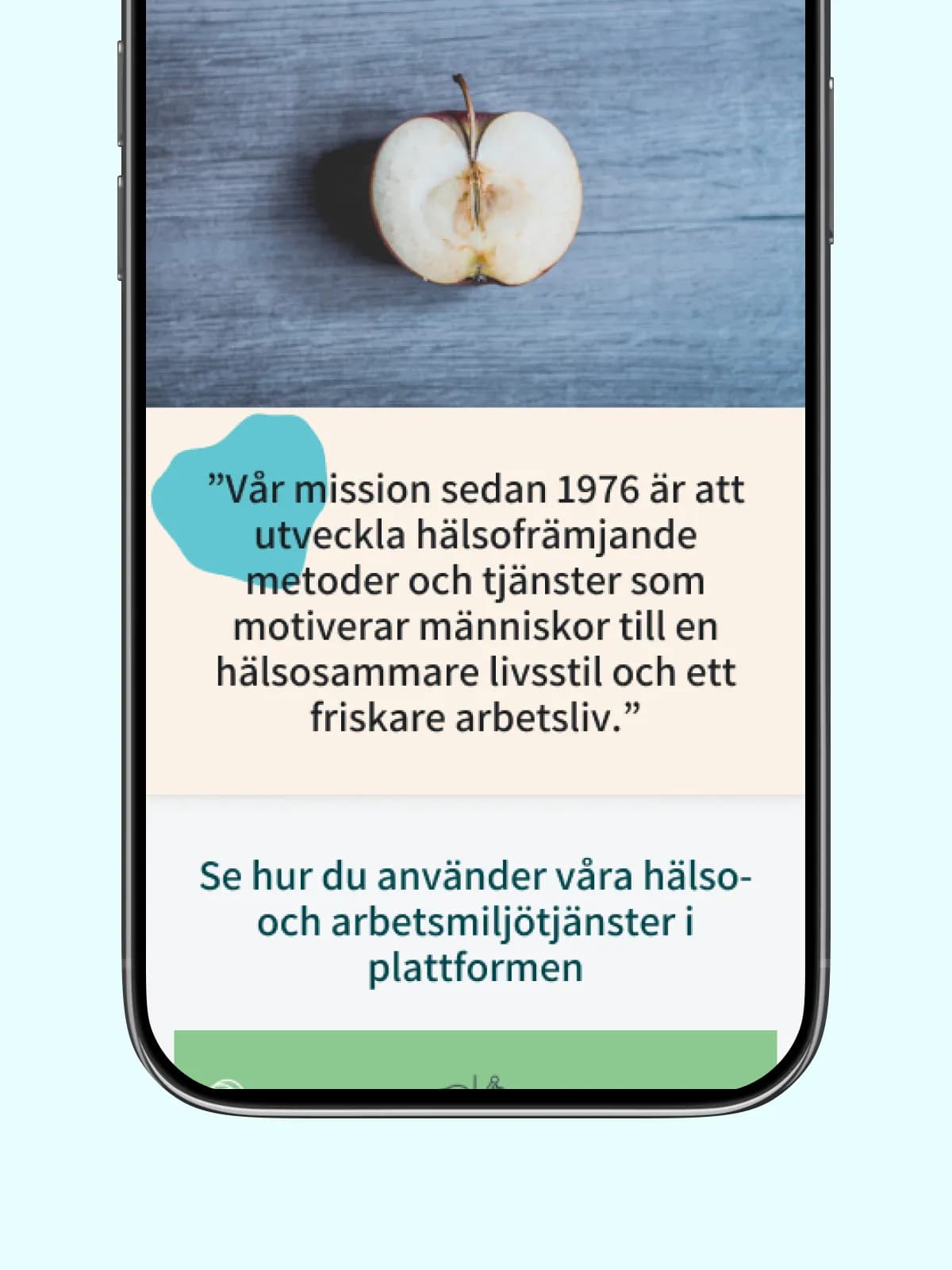 HPI:s webb i mobilen med företagets mission sedan 1976