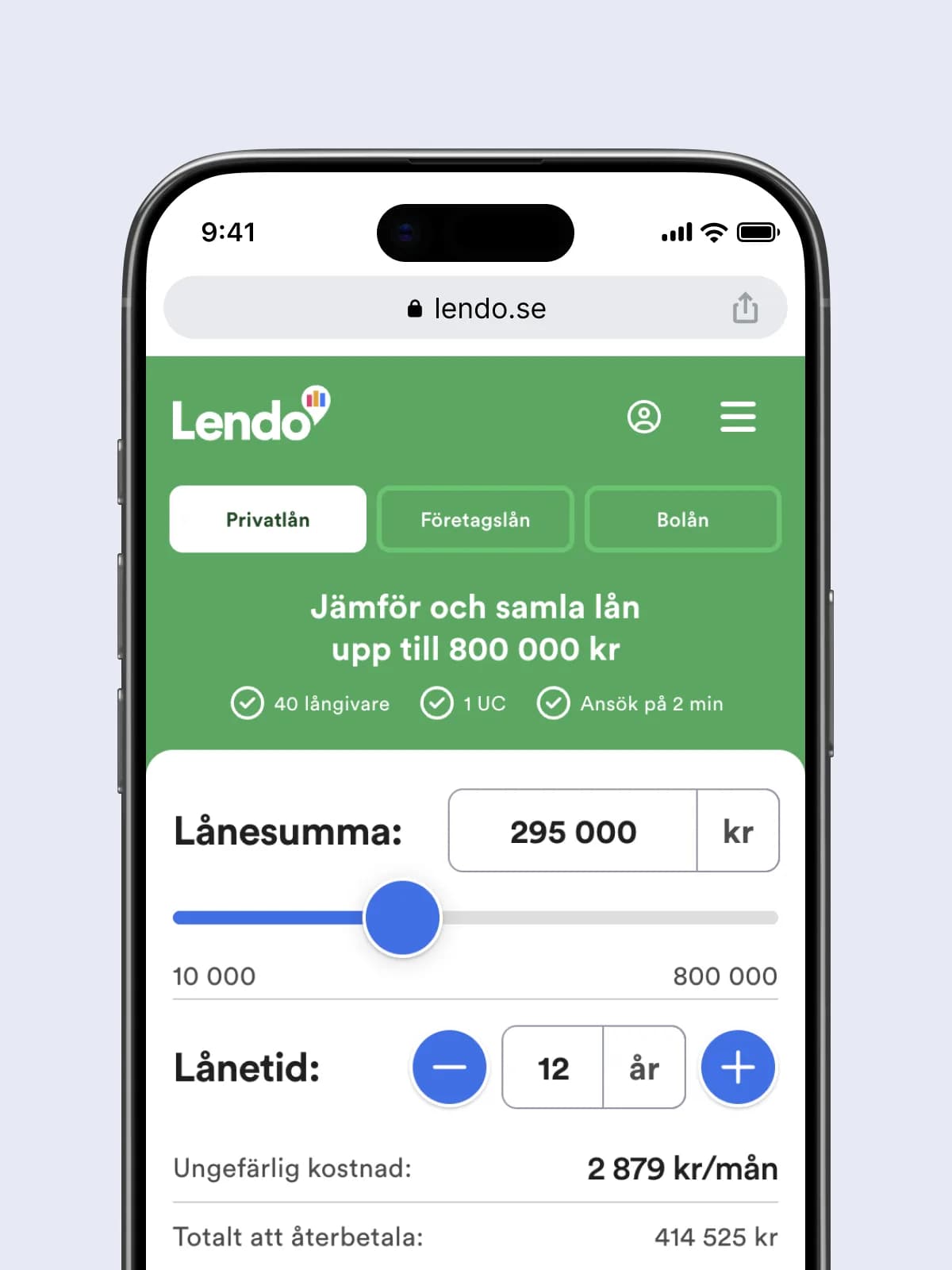 Lendos lånekalkylator i mobilen