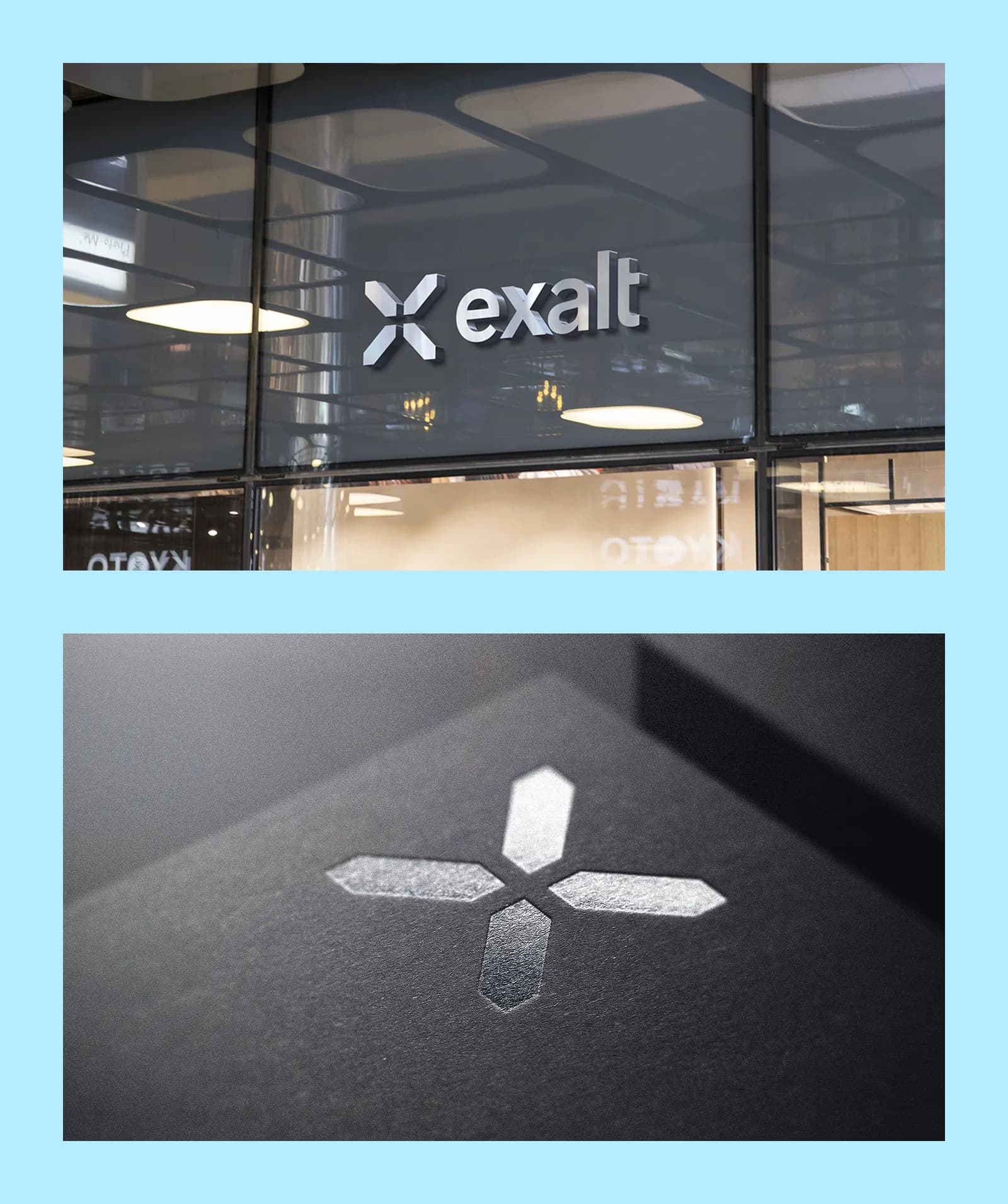 Exalts nya logotyp på en glasfasad och präglad i papper